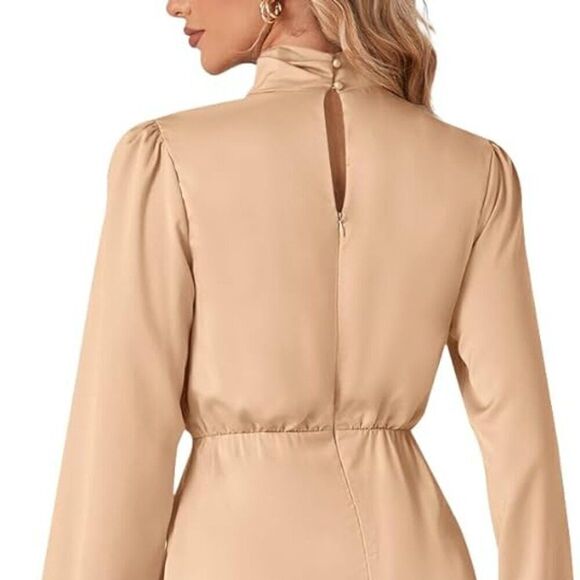 LYANER Women’s Satin Long Sleeve Elastic High Waist Ruched Solid Midi Dress - Picture 2 of 2